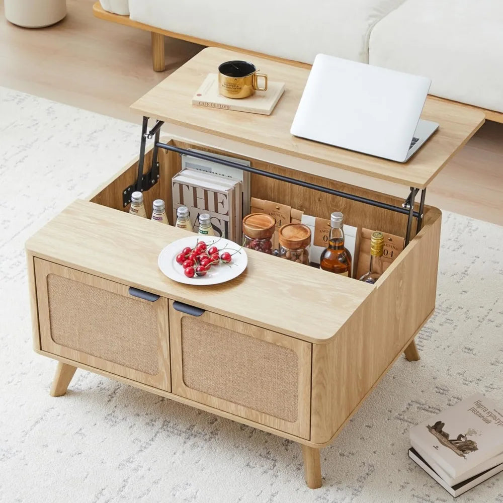 Wood Lift Top Coffee Table with Storage, Boho Modern Coffee Table with Nature Linen Doors & Large Hidden Storage, Rounded