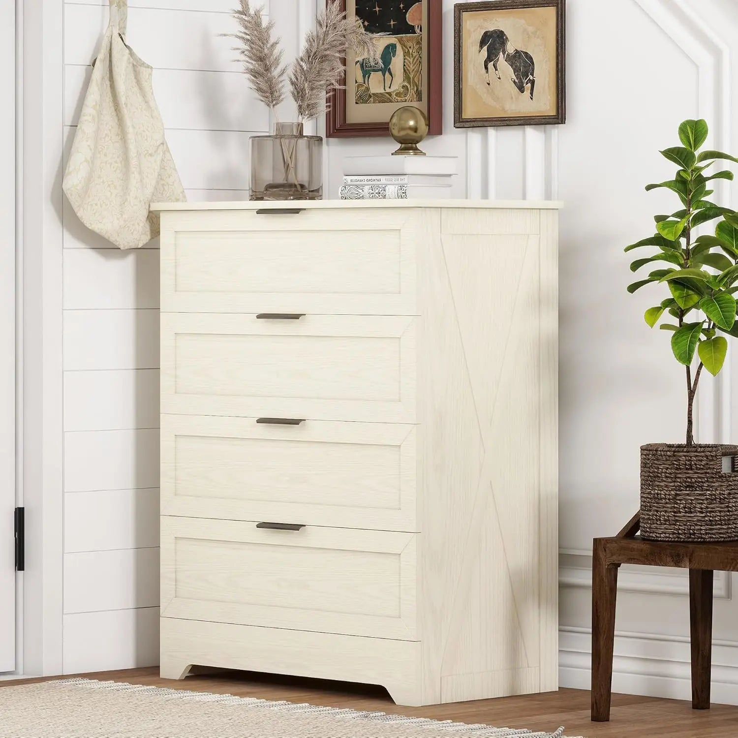 4-Drawer Tall Dresser, Light Oak, Black Handles, Wooden Chest for Bedroom, Closet, Living Room