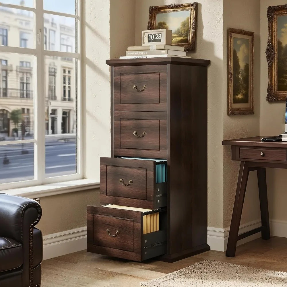 4-Drawer File Cabinet, Vertical Wood Filing Cabinet for A4/Letter/Legal Files, Tall File Storage Printer Stand with Hanging Rai