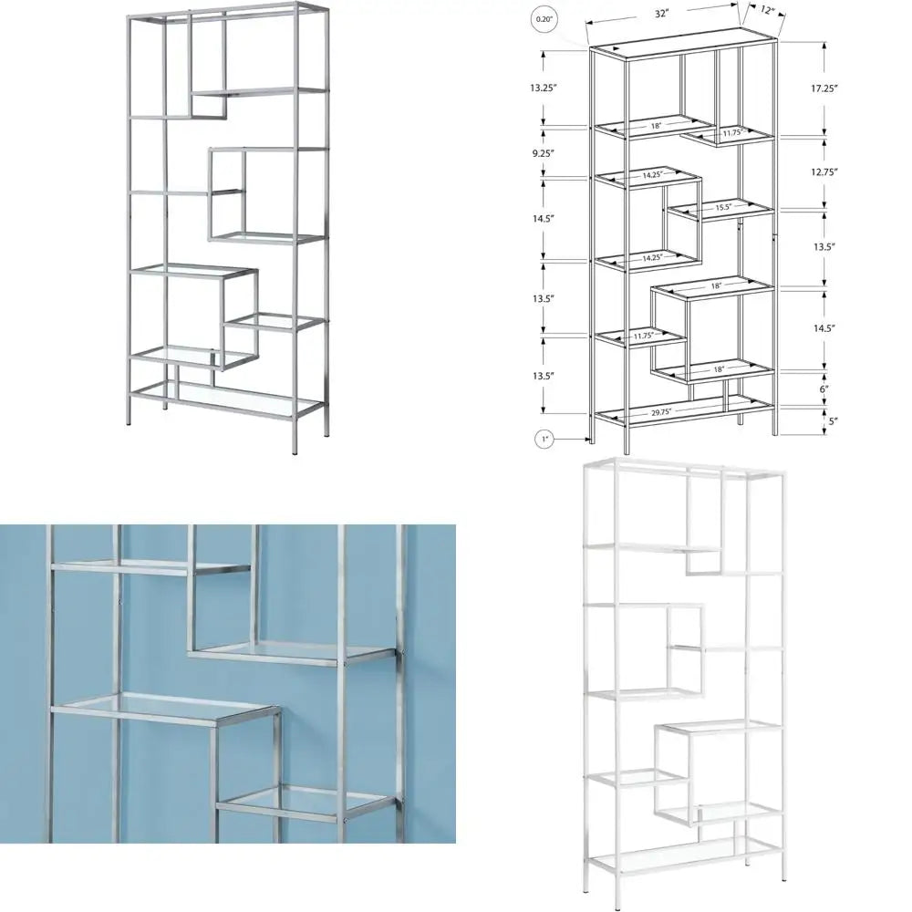 72-Inch Tall Silver and Clear Glass Bookshelf for Stylish Home Office Storage Solutions