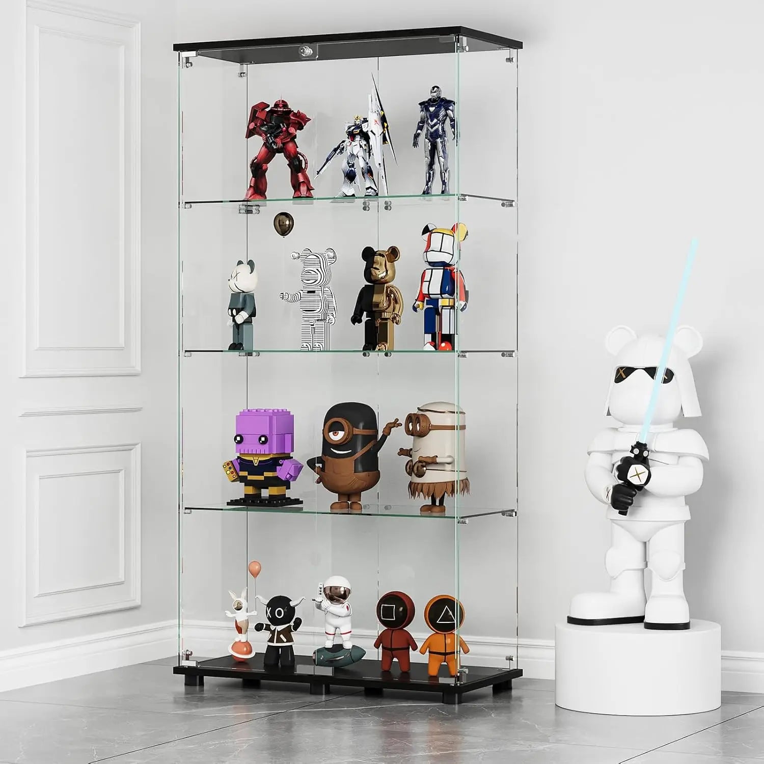 Glass Display Cabinet with 4-Shelf Double Doors and Lock, Curio Cabinet 5mm Tempered Glass Floor Standing Bookshelf