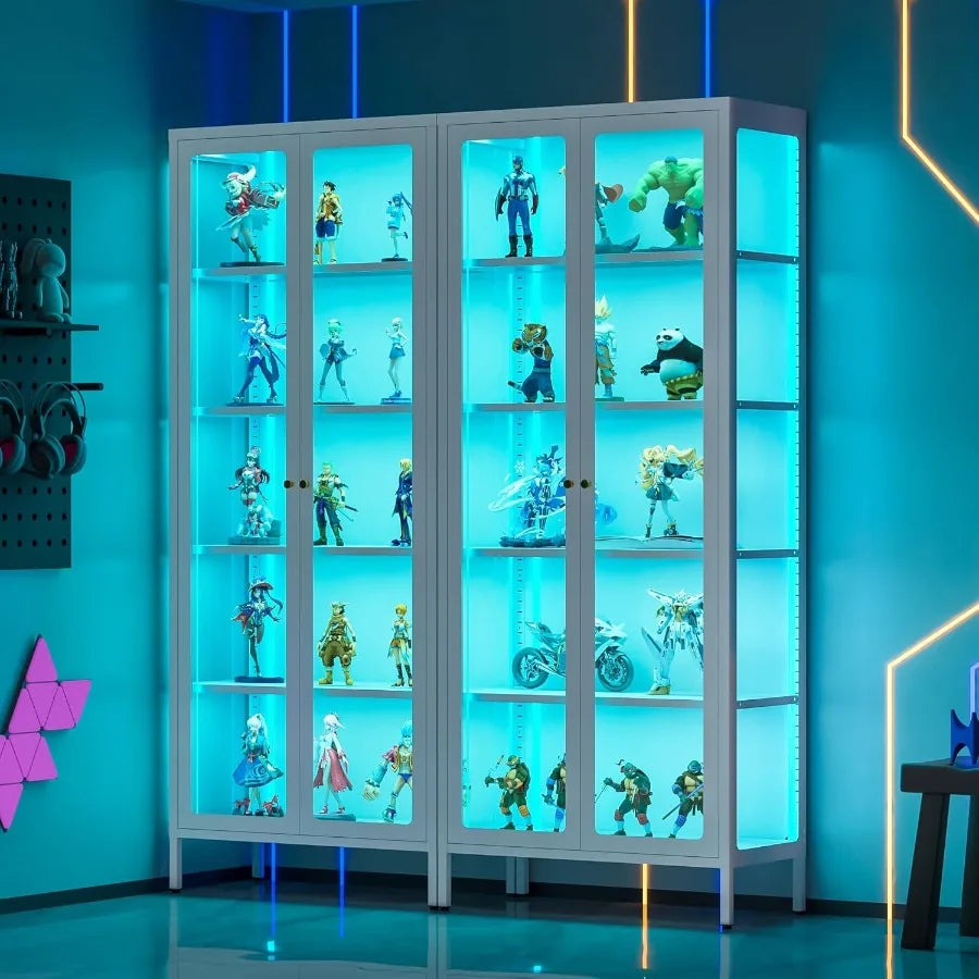 5Tier Glass Display Cabinet with LED Lights 67 Tall Metal Curio Cabinets with Glass Door and 4 Adjustable Shelves Large Display