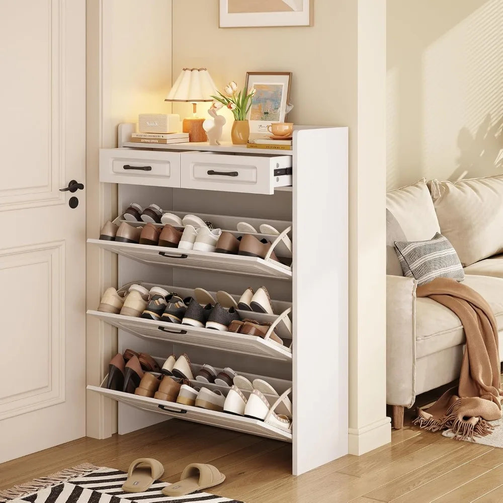 Shoe Cabinet with 2 Storage Drawers & 3 Large Flip Drawers for Entryway, Narrow Wood Shoe Storage Cabinet, Freestanding Hidden