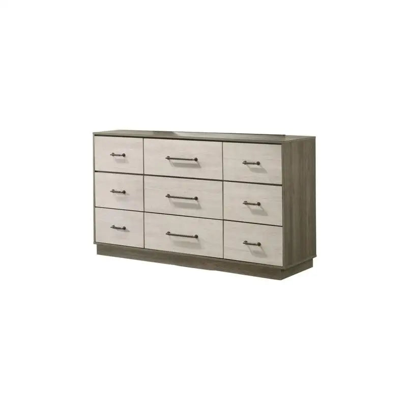 Modern 9-Drawer Dresser, Wood Construction in Beige and Brown Finish