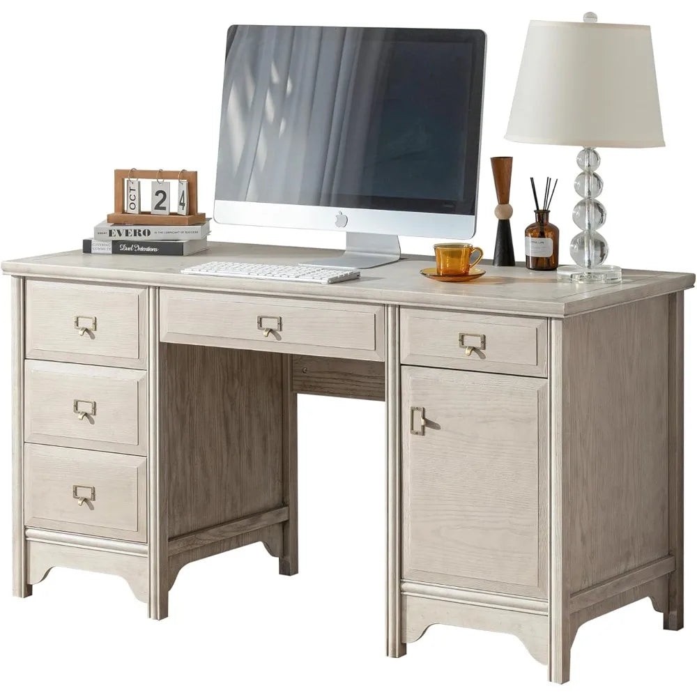 55" Solid Wood Executive Desk, Farmhouse Office Computer Desk with 5 Drawers & Storage Cabinet, Wooden Writing Table for Home Of