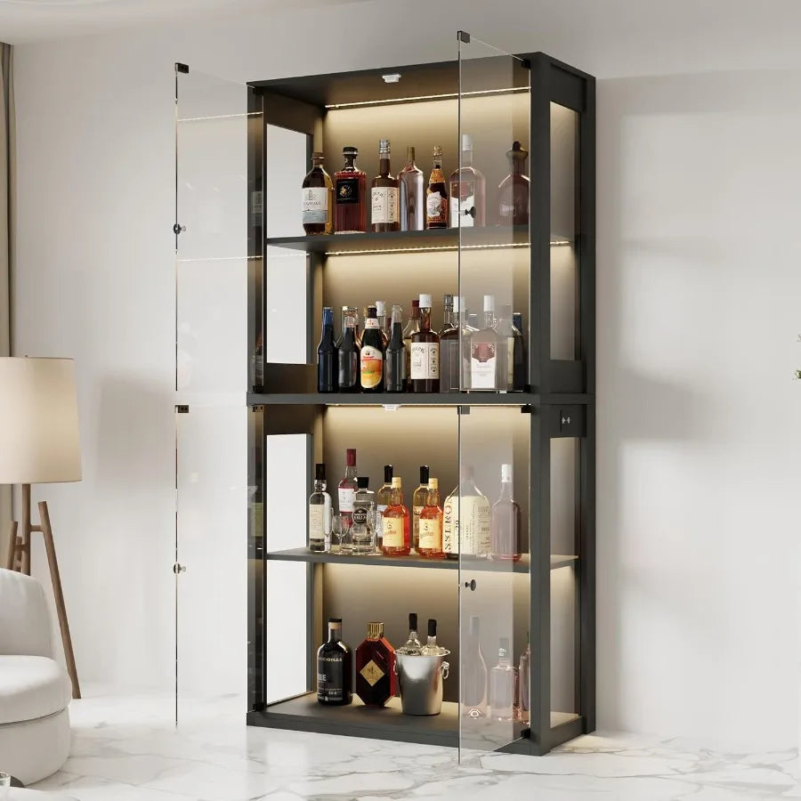 Trophy Case with Glass Doors 4Tier Display Case with Sensor LED Lights Display Cabinet with Shelves for Collectible Black Frame