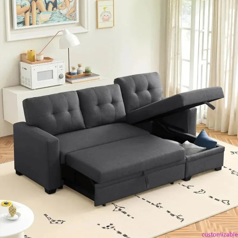 L-Shaped Storage Sleeper Sofa, 53 Pull-Out Couch Bed for Living Spaces, Linen Sectional Sofa for Apartments