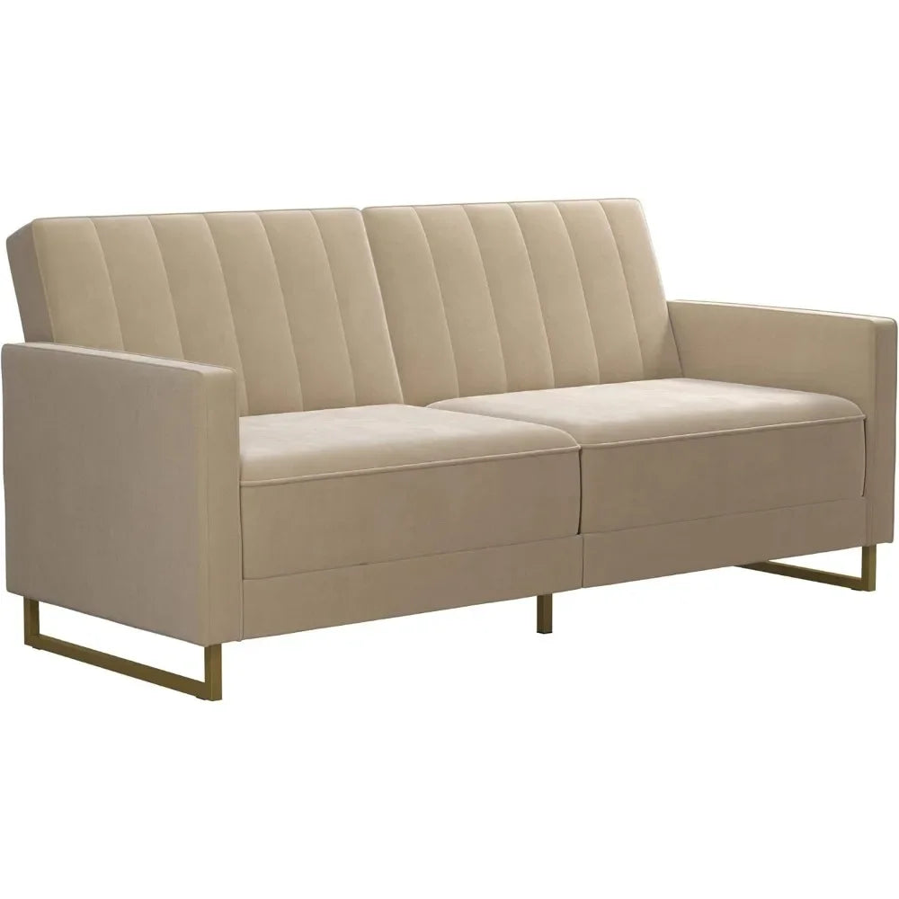 Industrial Modern Velvet Sofa Bed - 77 Skylar Futon Sleeper with Black Metal Legs and Ivory Upholstery