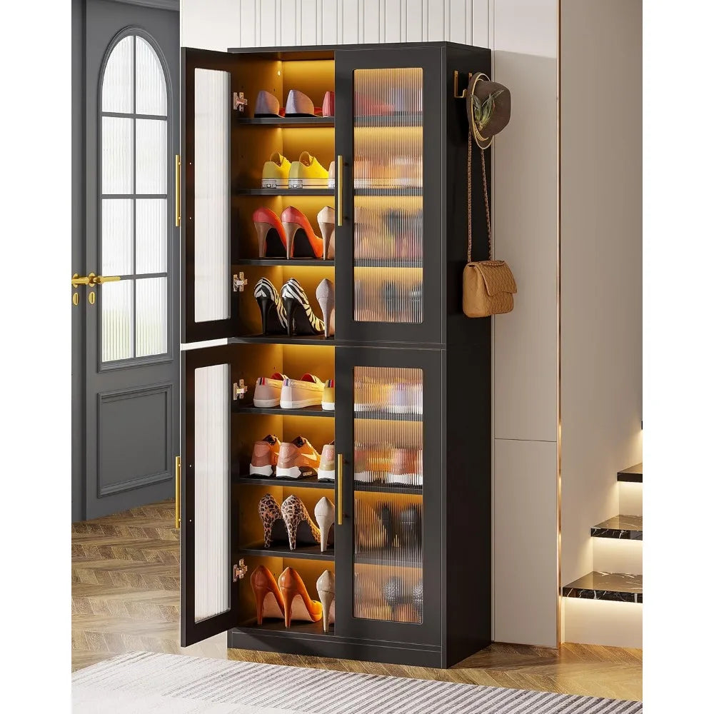 Black Shoe Storage Cabinet with Acrylic Doors and LED Lights, 8-Tier Tall Entryway Shoe Organizer Rack with Adjustable Shelves