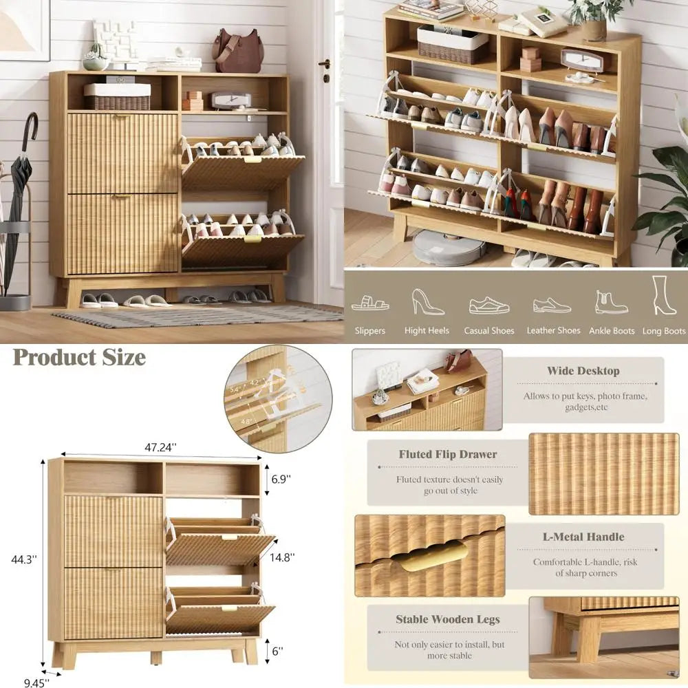 Freestanding Wooden Shoe Cabinet for Entryway with 4 Flip Drawers and Top Storage Cubby, Fluted Narrow Organizer
