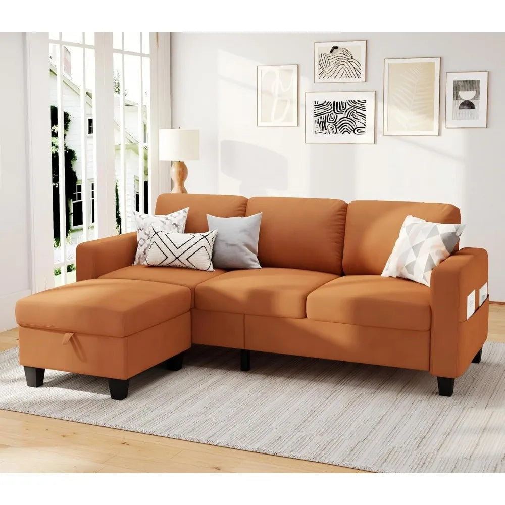 Sectional Sofas Couches for Living Room 3 Seater L Shaped Couch with Storage Ottoman 78" Modern Velvet Fabric Orange Sofa