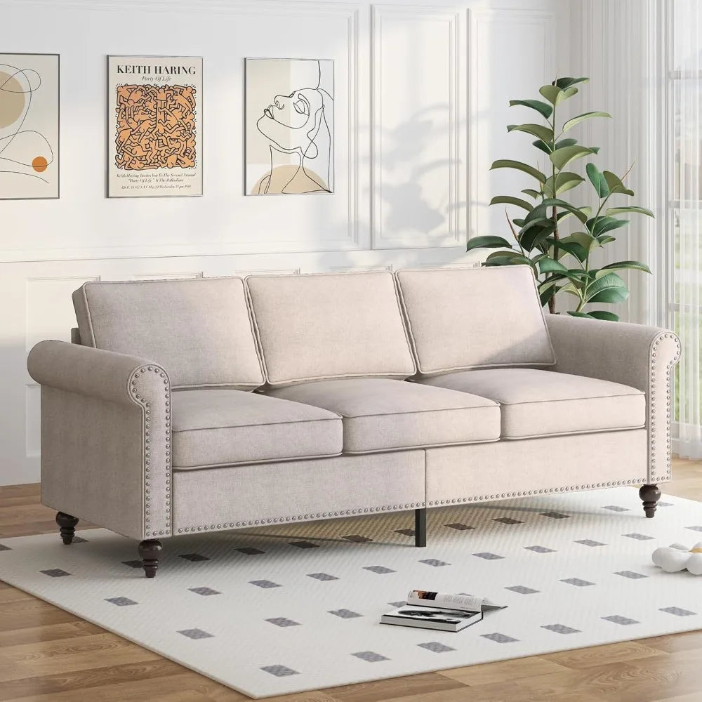 Sofa Couch, 3-Seat Couches for Living Room, Mid Century Modern Couch with Armrest and Backrest for Small Spaces, Soft Cushion So
