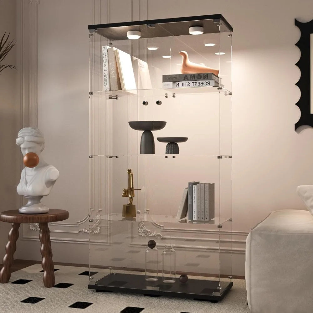Glass Display Cabinet with Light, 4 Shelves with 2 Doors, Curio Cabinets for Living Room, Bedroom, Office, Black Floor Standing