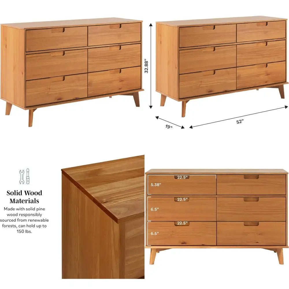 6-Drawer Solid Wood Dresser with Groove Handles, 52 Inch Caramel Finish
