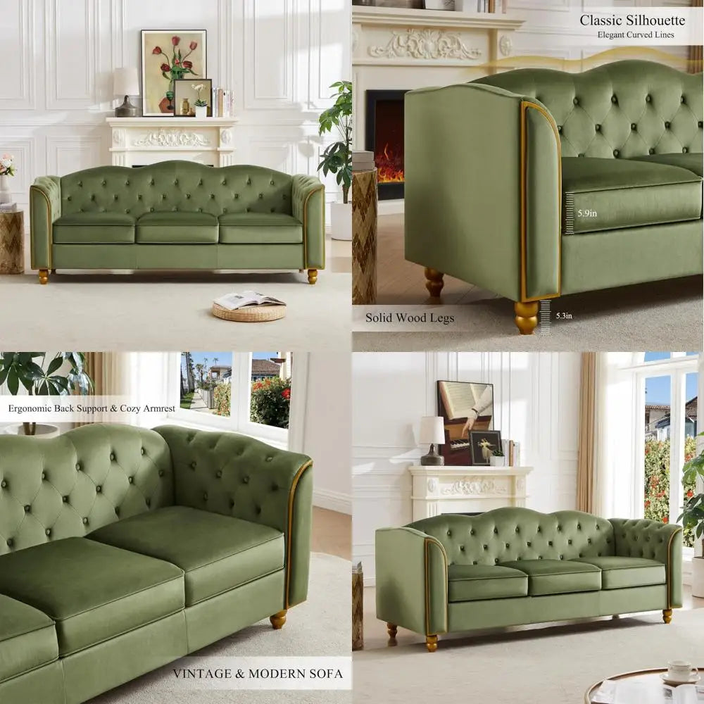 "78 Inch Velvet 3-Seater Sofa, Soft Button Tufted Couch for Living Room, Modern Upholstered Comfort"