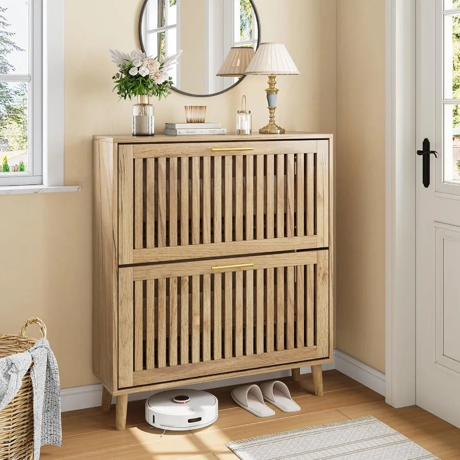 Shoe Storage Cabinet with 2 Flip Louvered Drawers Narrow Wood Shoe Cabinet with Gold Handle Hidden Entryway Shoe Organizer for