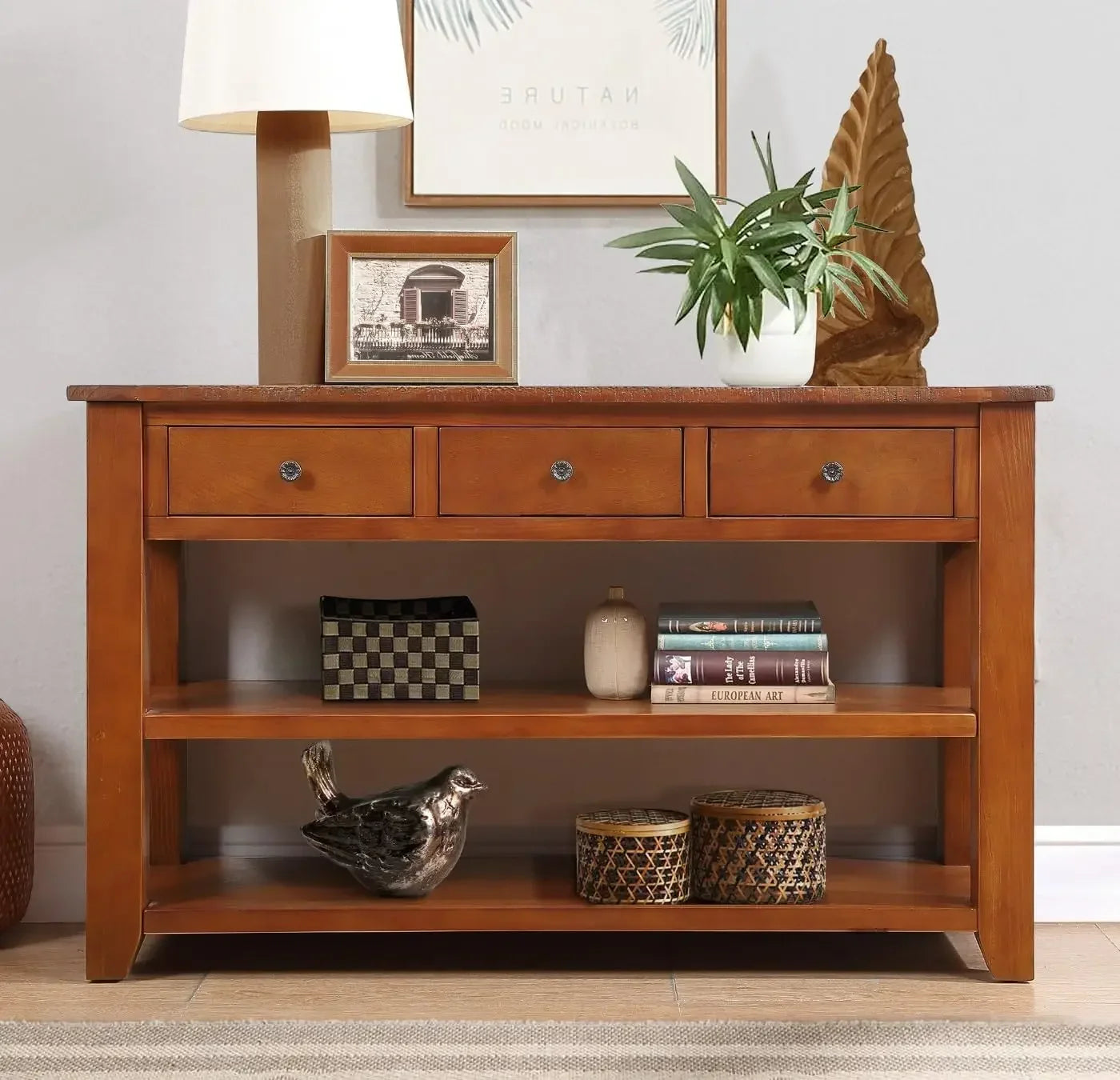 48" Solid Wood Console Table,Pine Wood Sofa Table with Storage Drawers and Shelves,Retro Entry Table for Living Room,Hallway