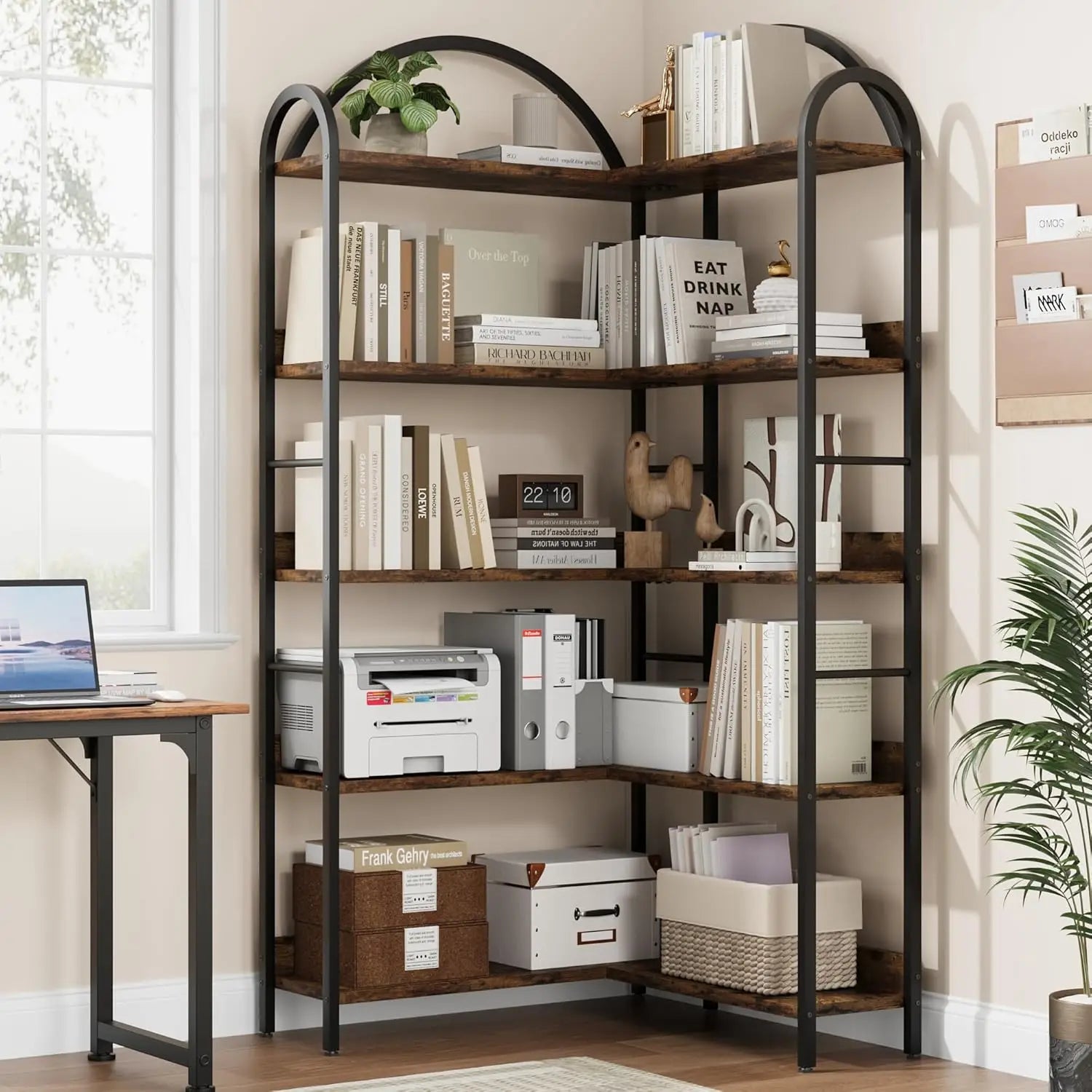 Corner Bookshelf Industrial Bookcase, L Shaped Bookshelf Arched 5 Tier Corner Shelf, Large Bookshelf With Metal Frame