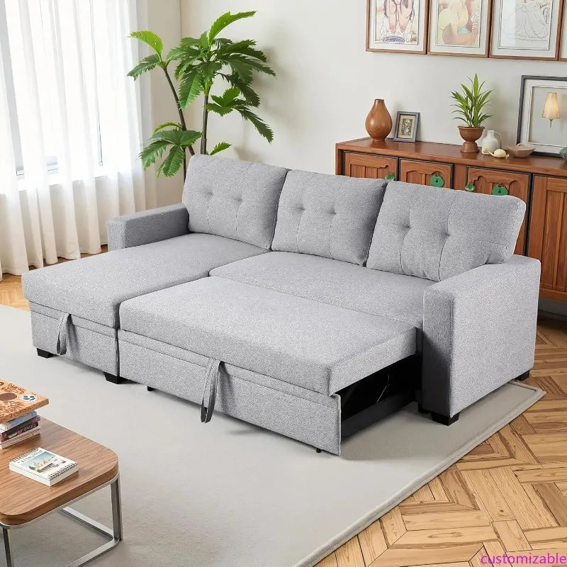 L-Shaped Sleeper Sofa with Storage Chaise, 53 Pull-Out Sofa Bed for Living Room, Sectional Linen Couch for Apartments