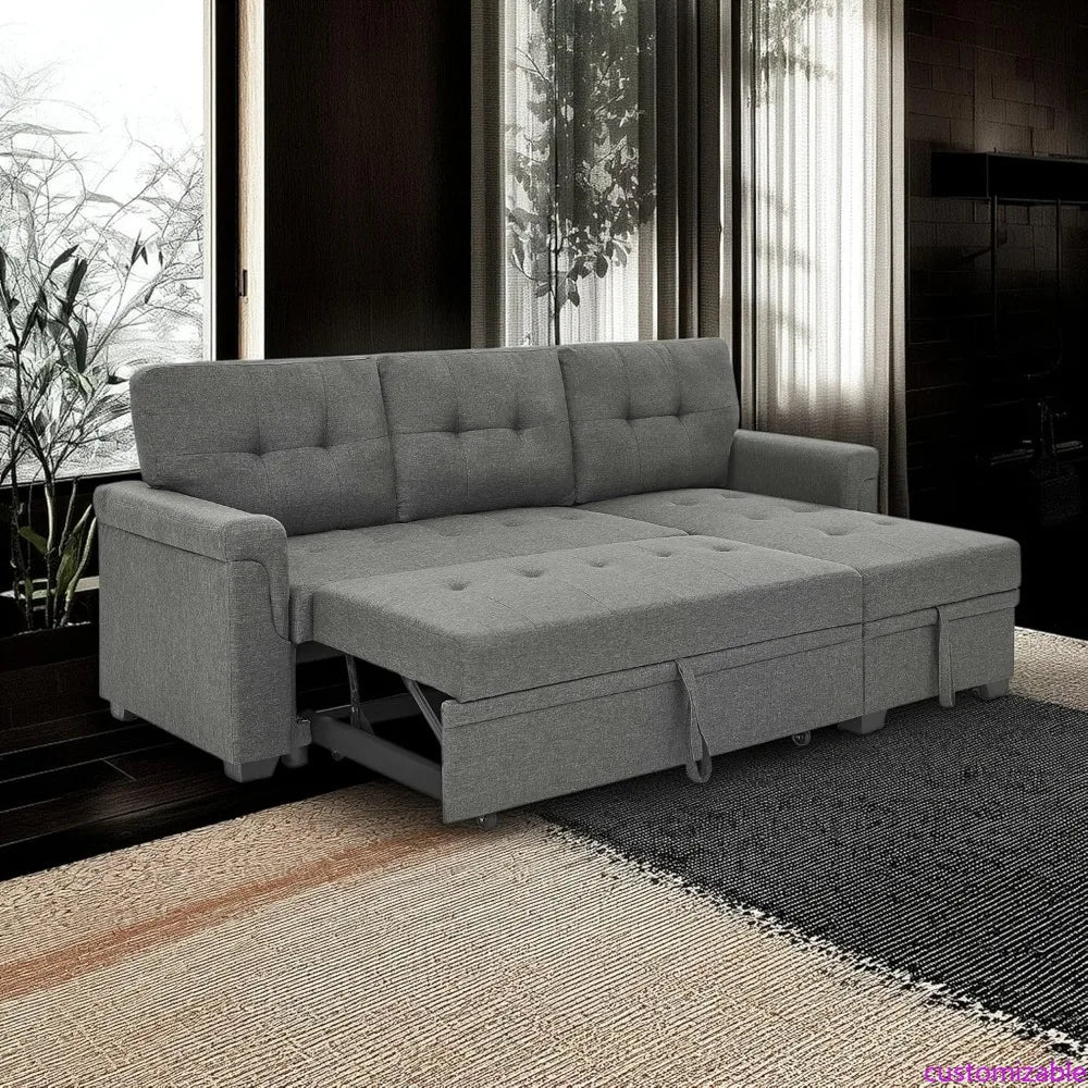 Gray Modern L-Shaped Sectional Sofa with Reversible Chaise, Storage, and Pull-Out Sleeper Bed for Living Rooms and Apartments