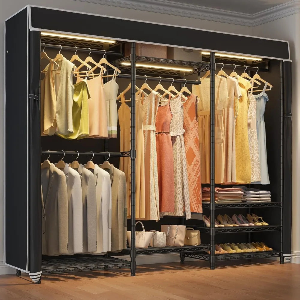 V5LC Garment Rack Heavy Duty Covered Clothes Racks with Dimmable LED Light 3000K Warm White, Portable Closet Wardrobe