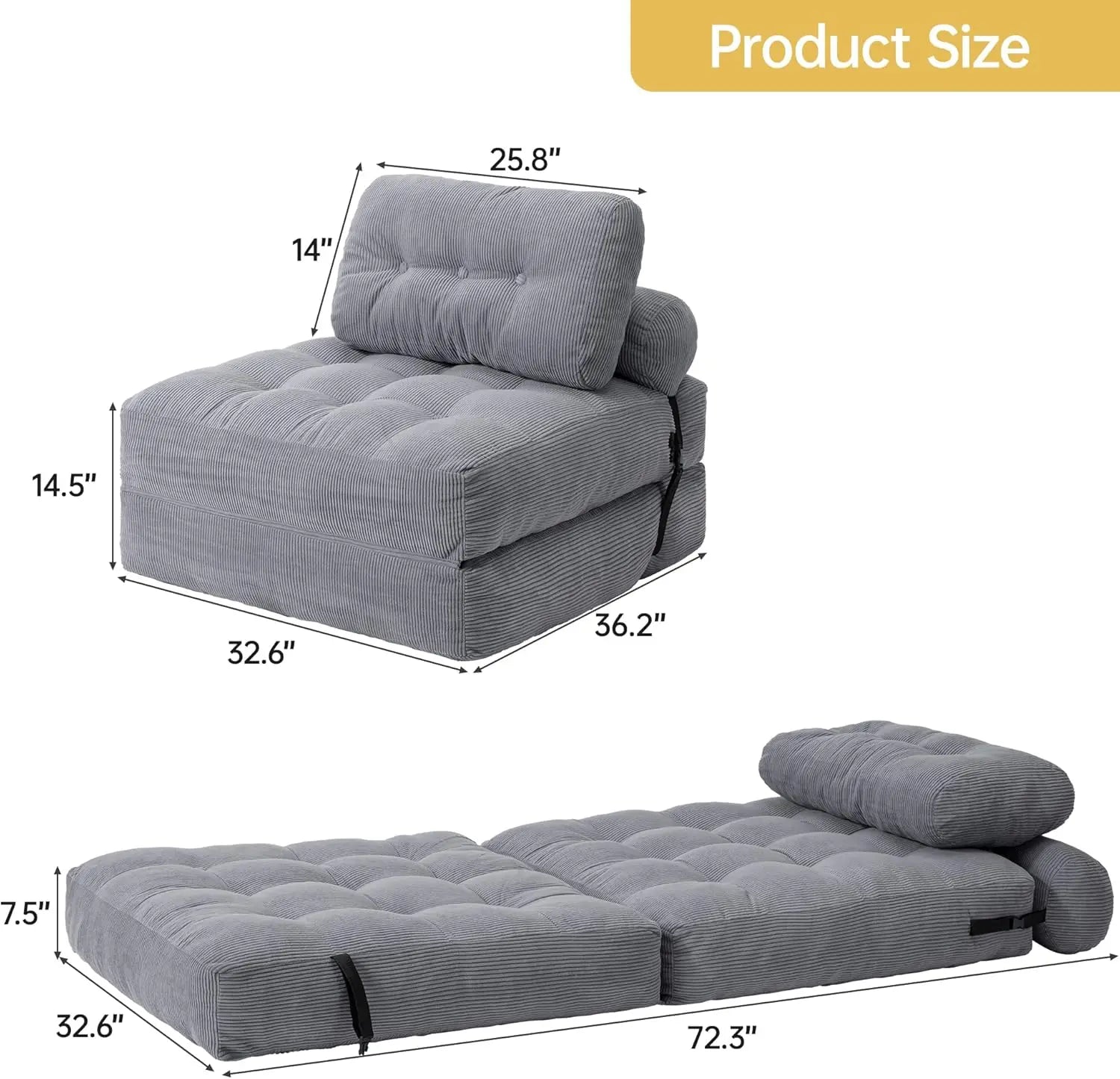 Folding Sofa Bed, Convertible Sleeper Chair Bed, Floor Couch for Adults with Back Support and Pillow, Comfy Floor Sofa Lounge fo