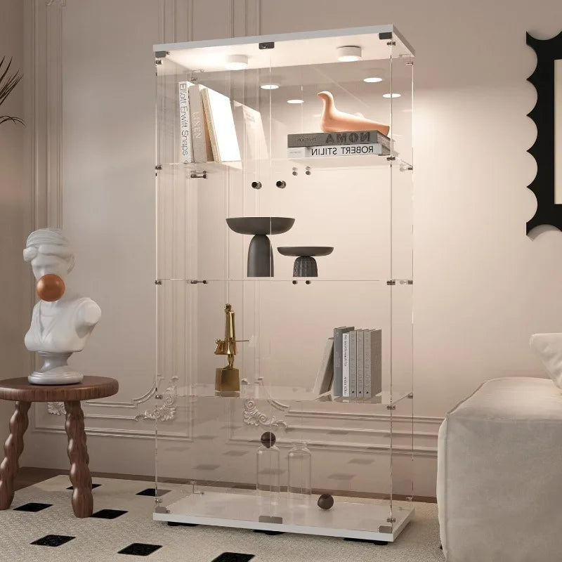 Glass Display Cabinet with LED Light, 4 Shelves with 2 Doors, Curio Cabinets for Living Room, Bedroom, Office