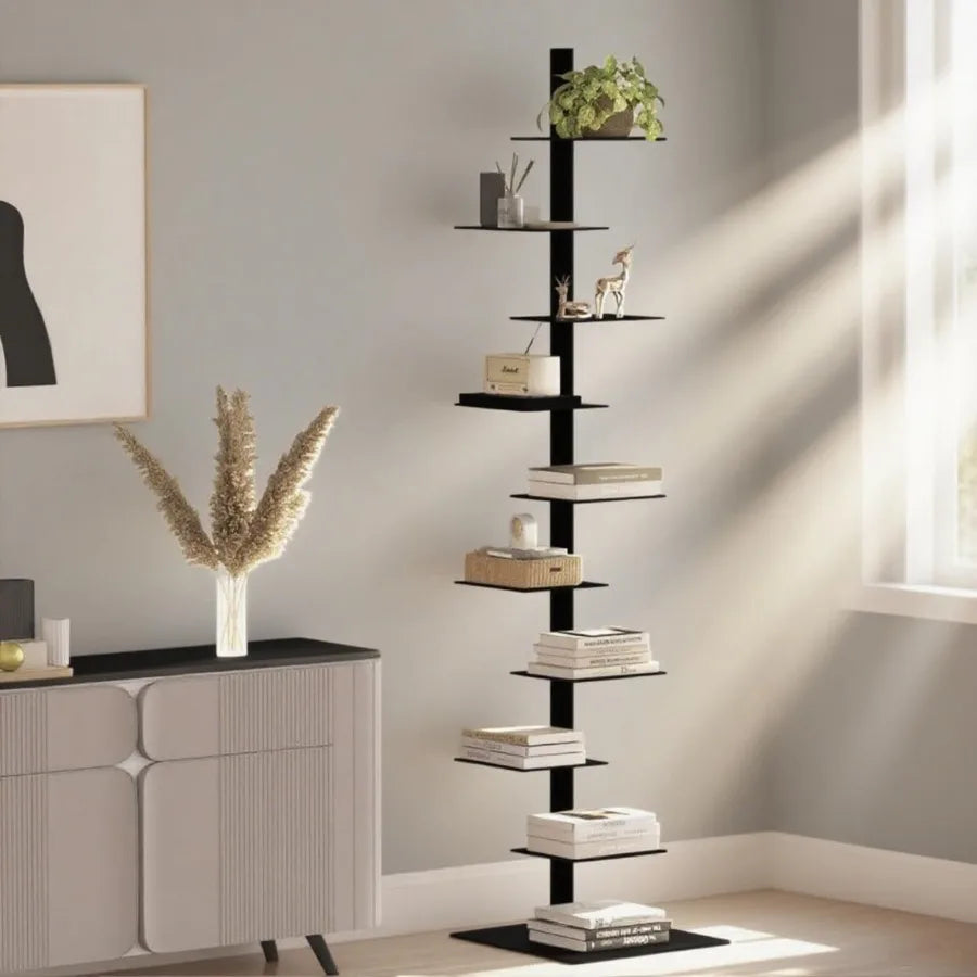 9 Tier Metal Spine Bookshelf Tower Vertical Bookshelf Adjustable Vertical Spine Book Tower Floor Tall Open Shelf 360 Display St