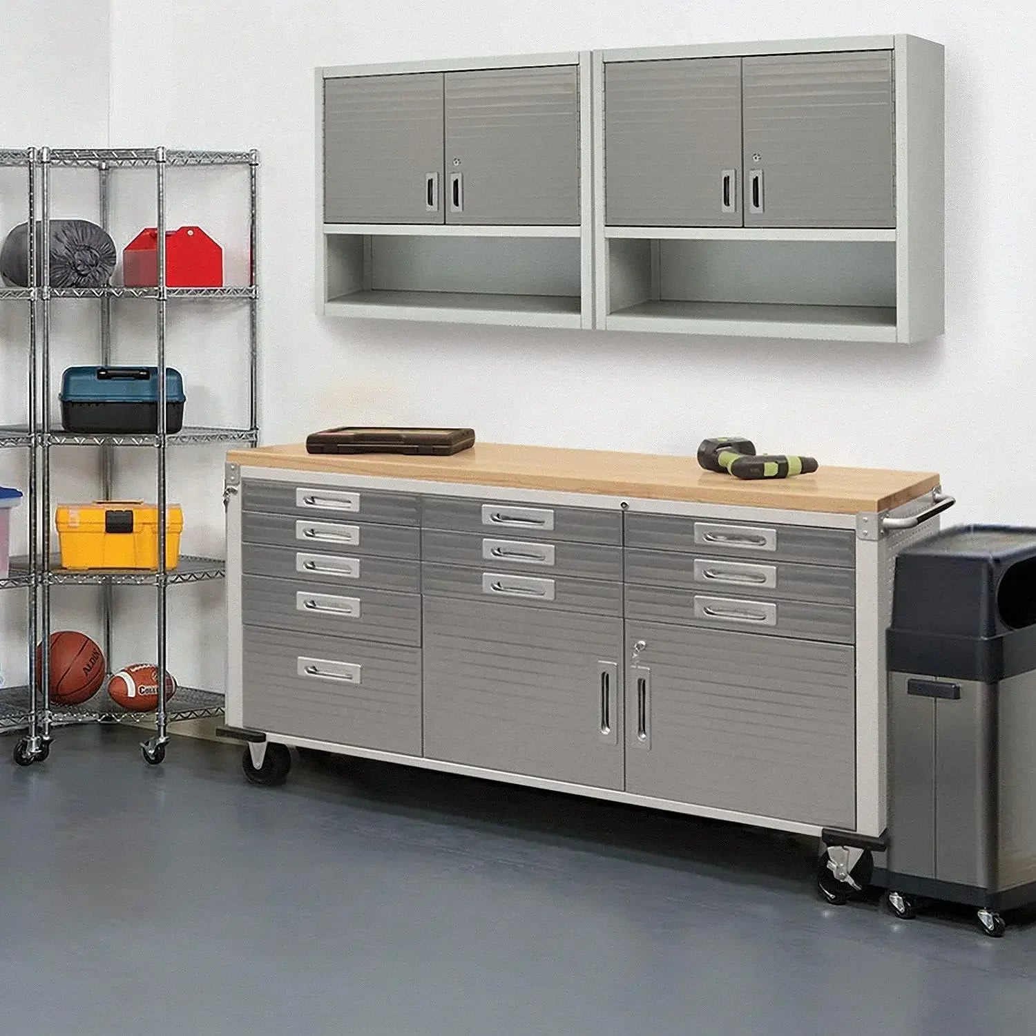 [Best Seller!]UltraHD Heavy Duty Rolling Cabinet Workbench Table w/Solid Wood Top, Workstation for Garage