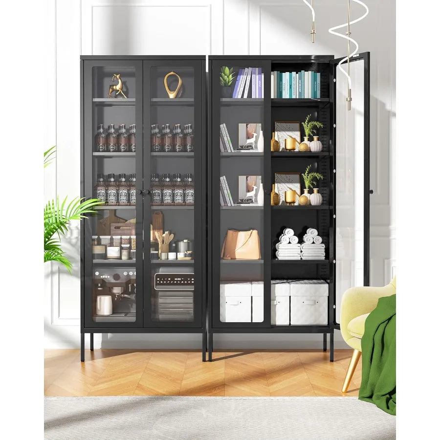 Metal Glass Display Cabinet with 5Tier Storage Shelves Tall Curio Cabinets with Glass Doors and Shelves Black Steel Cabinet Col
