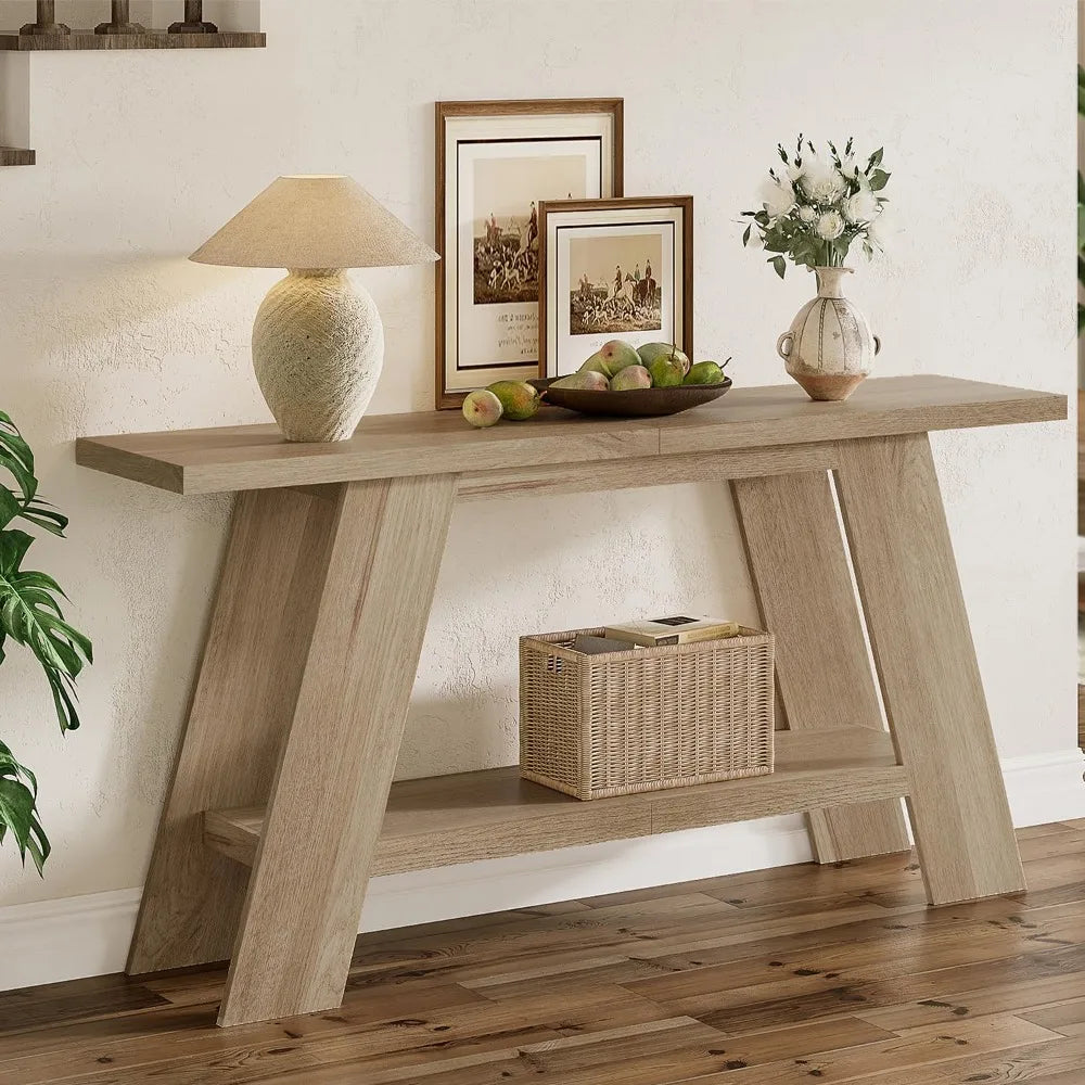 63 Inch Long Farmhouse Console Tables for Entryway, 2-Tier Modern Wood Sofa Table with Shelf Behind Couch, Contemporary