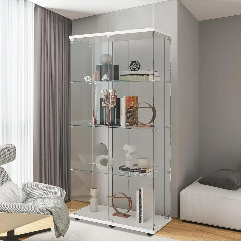 Glass Display Cabinet with 4 Shelves, 2 Doors Curio Cabinets for Living Room,Bedroom,Office,White Floor Standing Glass Bookshelf