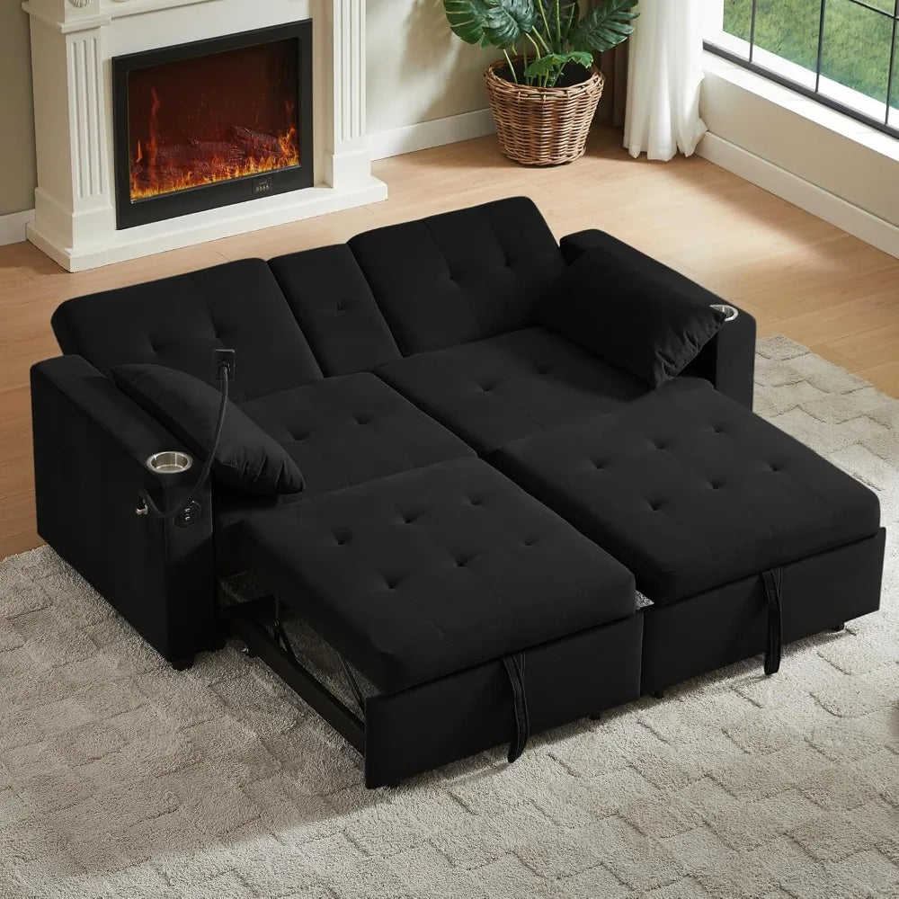 70" Queen Size Sofa Bed for Living Room – Pull-Out Sleeper Sofa Couch with Cup Holder, Phone Holder, USB Charging Port, Solid