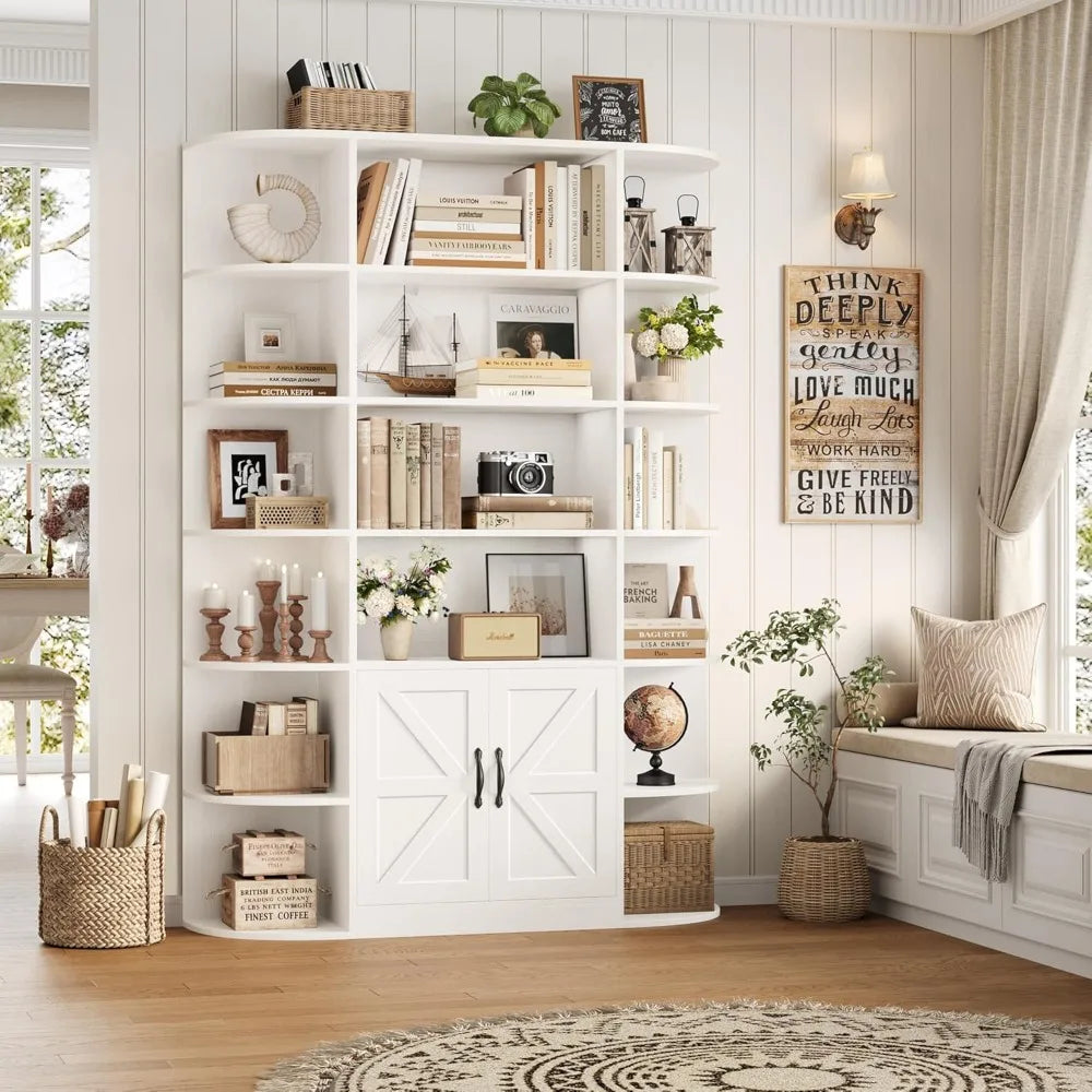 75" Tall Book Shelf and Bookcase, 6 Tier Bookshelf with Storage, 47" Wide Bookcase with Doors, Freestanding Wood Display