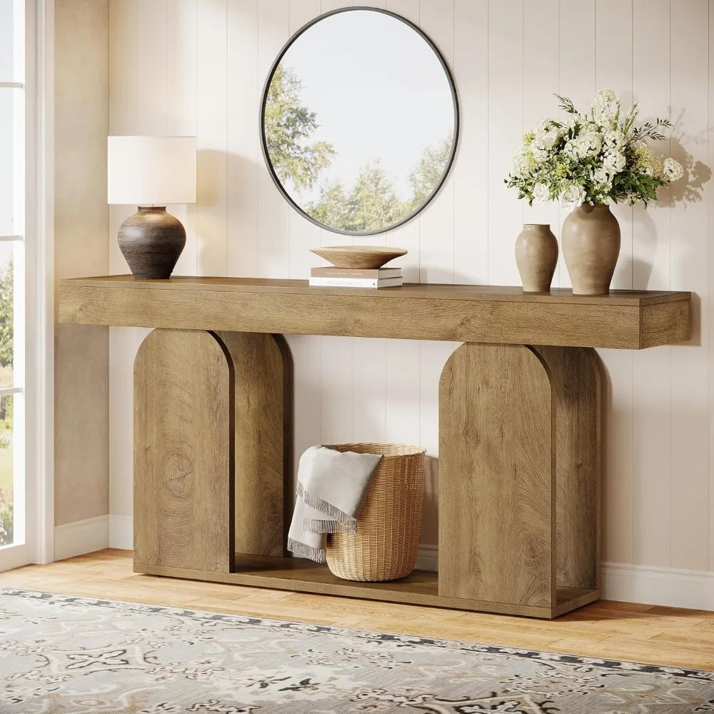 70.9-Inch Extra Long Sofa Table, Farmhouse Console Tables with Wood Frame and Storage Shelf, 2-Tier Wood Table Behind