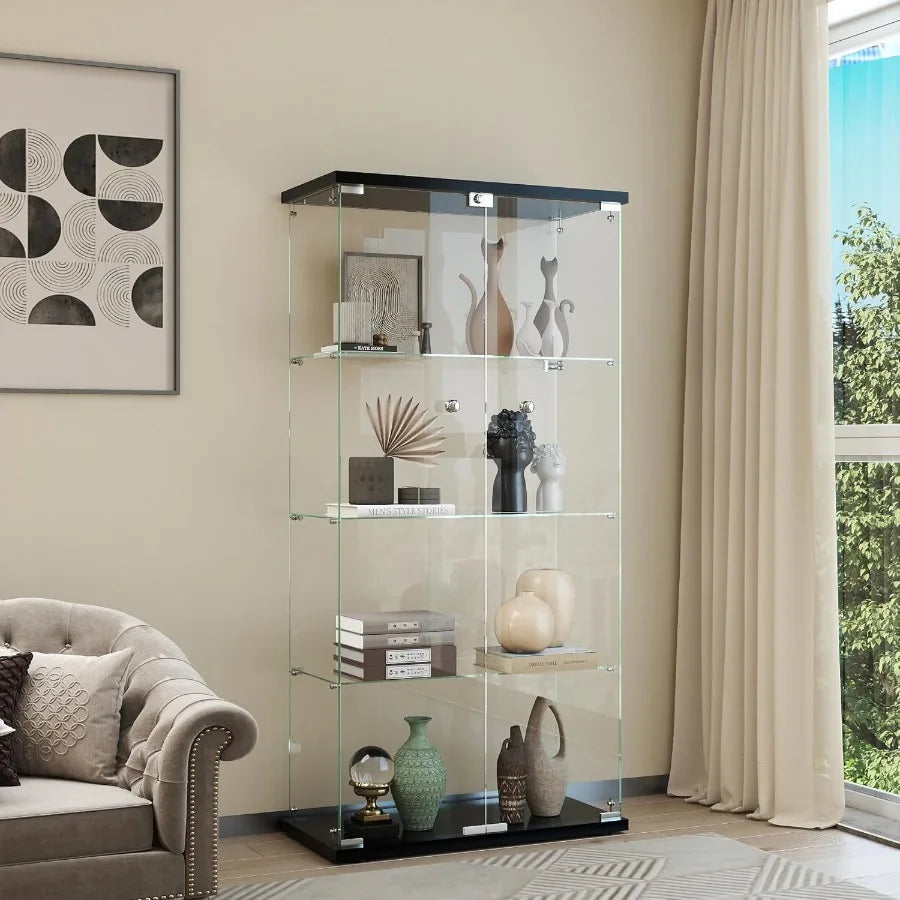 Display Cabinet with Glass Door and Lock 4Shelf Curio Cabinets with 5mm Tempered Glass Floor Standing Bookshelf for Living Room