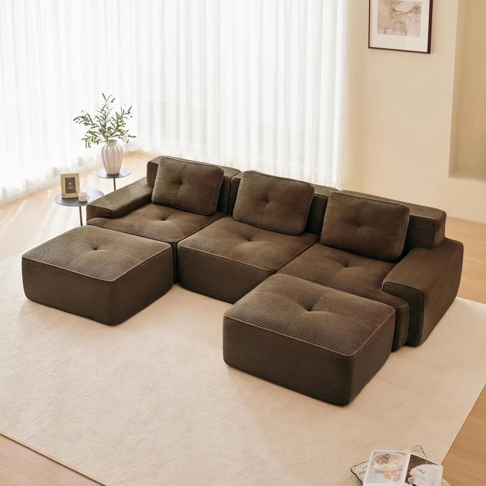 117" U Shaped Modular Boneless Sofa Couch for Living Room,Sectional Large Sofa with Corduroy Fabric, 3-Seater Tufted
