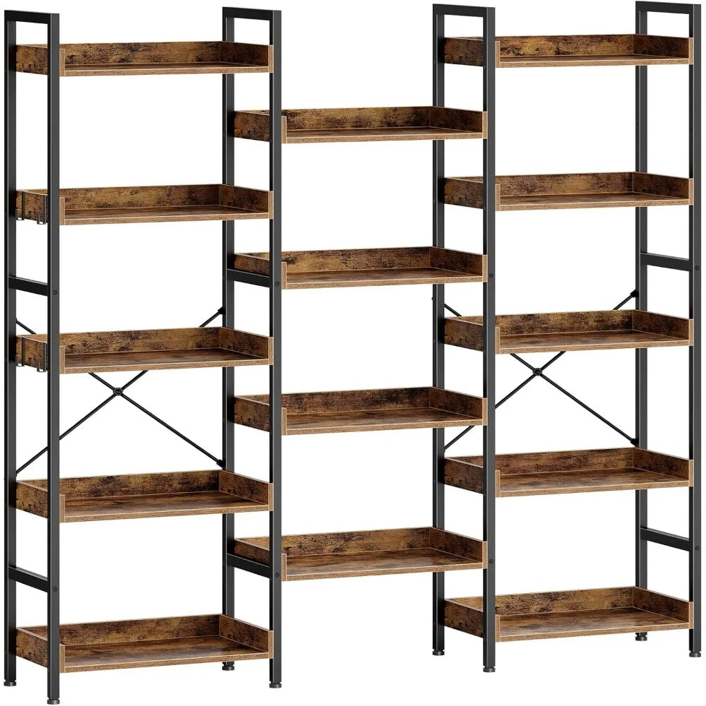 Bookshelf 5 Tiers, Triple Bookcase with Open Display Shelves, Industrial Wide Bookshelf with Metal Frame for Living Room, Offic