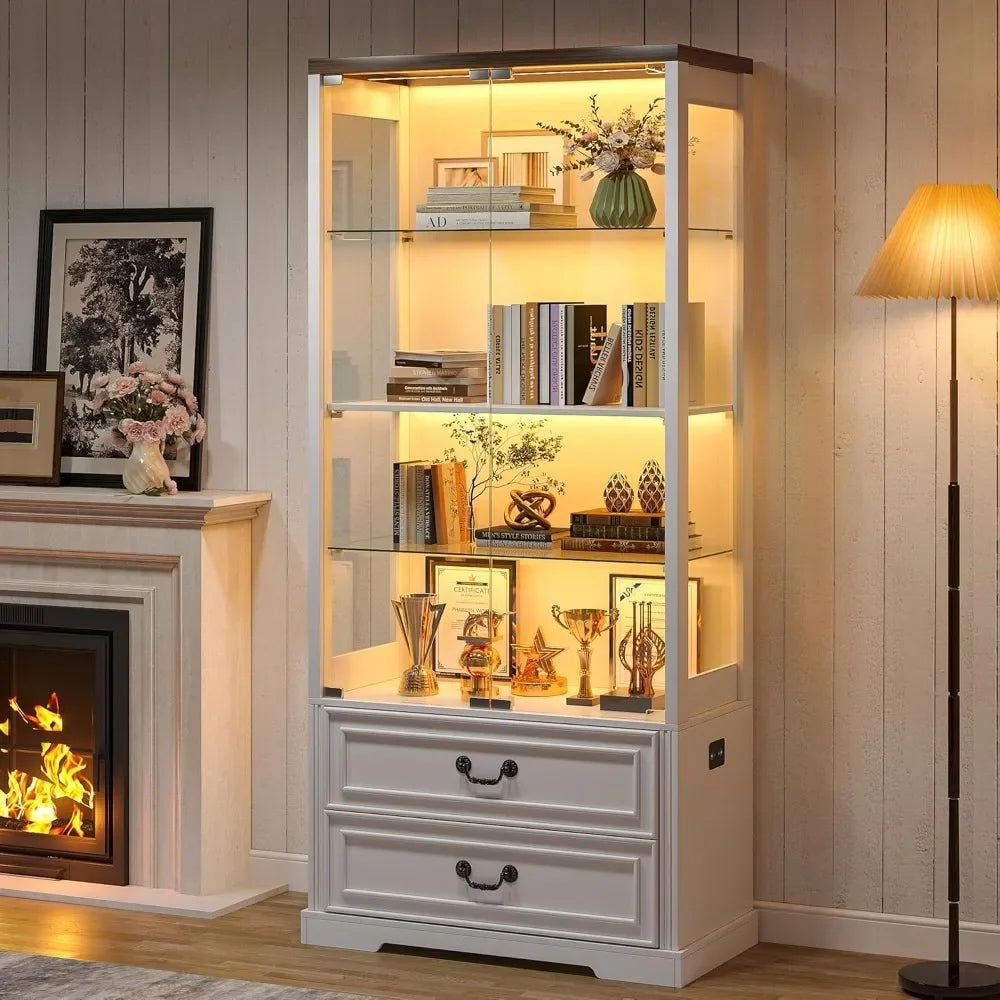 [Free Shipping!Hot Deal!]"67-inch tall display cabinet with glass doors, 2 drawers, adjustable  shelving, and led-illuminat